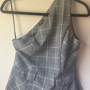 Express One-Shoulder Plaid Dress in Black and White